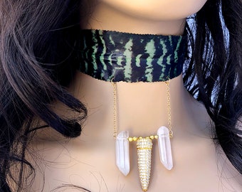 Rhinestone Horn necklace, Handmade Tribal Choker, Quartz necklace, Crystal points necklace, Crystal Choker, Stone Necklace, African Choker