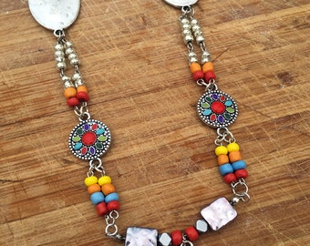 Handmade Ethnic Necklace, Boho, Mexican, Festival, Cross, Coachella, beaded, Gypsy, Fiesta, Sexy, Colorful, Beach (The Yolanda Necklace)