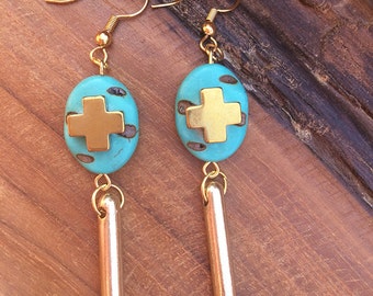 Handmade Boho Earrings, Cross, Spike, Turquoise, Tribal, Dangle, Festival, Western, Native, Healing, Unique (My Own Thoughts Earrings)