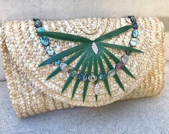 Handmade Palm Abalone Shell Clutch, Beach Bag, Palm Leaf Bag, Boho Bag, Festival Tote, Shell Trim, Tropical Bag, Bridal, Tropical Wedding