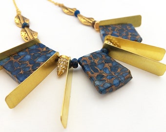 Handmade Gemstone Necklace, Unique Statement Choker, Gold Brass Jewelry, Rhinestone Spike Necklace, Blue Brown Jasper Necklace, Bold Choker