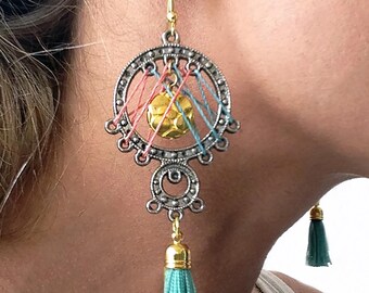 Handmade Tassel Earrings, Dream Catcher Earrings, Thread Wrapped Earrings, Woven Statement Earrings, Boho Chic Earrings, Sexy String Earring