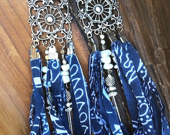 Handmade Boho Earrings, Western, Bandana, Dangle, Cowboy, Festival, Native, Celebrity, Runway, Biker Earrings (Bandana Bling Earrings)