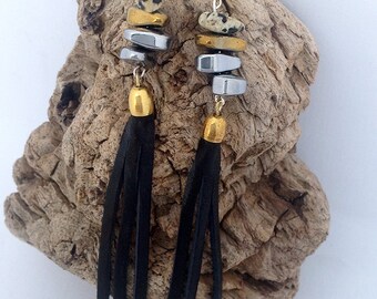 Handmade Festival Earrings, Tribal, Leather, Boho, Dangle, Sexy, Rocker, Beaded, Long, Unique, Hematite, Energy (Pharaohs Delight Earrings)