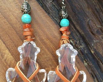 Handmade Boho Earrings, Crystal, Dangle, Festival, Western, Native, Healing, Energy, Unique, Leather Wrapped (Twisted Fate Earrings)