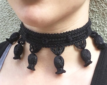 Handmade Tassel Choker, Renaissance Collar, Black Gothic Choker, Victorian Necklace, Bohemian Fabric Choker, Unique Tassel Choker,