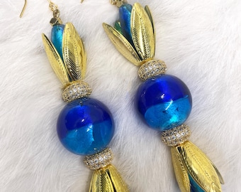 Blue and gold earrings, Statement earrings, Royal Jewelry, Princess earrings, Vintage blue earrings, Big Sparkle earrings, Antique earrings
