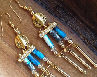 Handmade Tribal Earrings, Boho • Bone, Dangle, Leaf, Gold, Crystal, Sexy, Rhinestone, Unique, Festival (Royal Native Earrings (set 2)