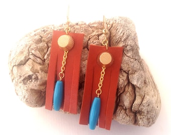Handmade Leather Earrings, Native, Studded, Boho, Festival, Gypsy, Goddess, Bone, Sexy, Western, Celebrity, Unique (Indian Village Earrings)