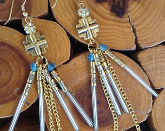 Handmade Cross Earrings, Boho, Sexy, Dangle, Chain, Rhinestone, Royal, Celebrity, Runway earrings, Unique (Royal Treasure Earrings (set one)