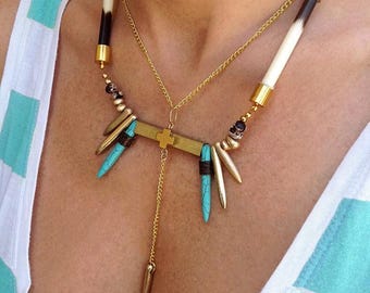 Porcupine Quill Necklace, Unique Tribal Jewelry, Gold Turquoise Statement Jewelry, One of a Kind Necklace, Different Handmade Necklace