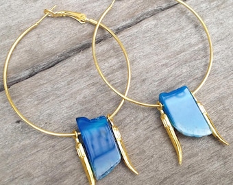 Handmade Agate Earrings, Horn Pendant Earrings, Blue Stone Earrings, Healing Crystal Jewelry, Energy Earrings, Unique Gemstone Earrings