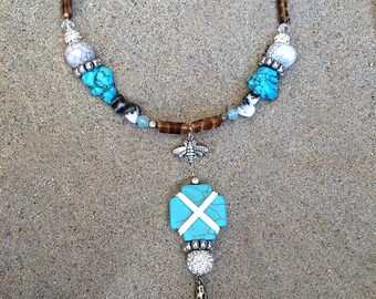 Handmade Boho Necklace, Tribal, Festival, Bone, Statement, Sexy, Celebrity, Unique, Native, Turquoise, Bee (Narcissistic Nature Necklace)