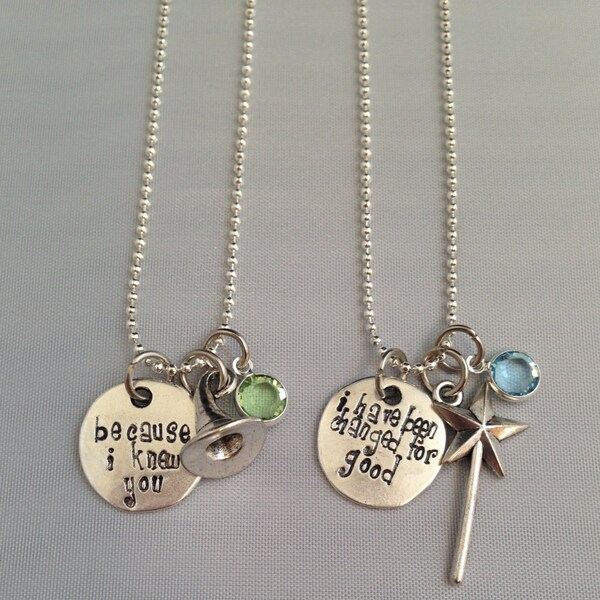 For Good- Because I Knew You, I have been changed for good Swarovski Elphaba and Galinda Wicked Musical Necklace (Set of 2)