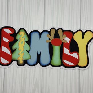 Scrapbook Title embellishment “2024 Family” Christmas, reindeer theme! Pre-made paper piecing, die cut, scrapbook layout-Already Made!
