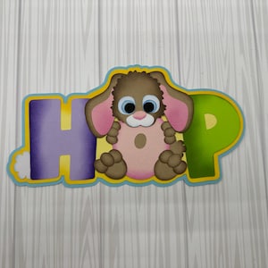 ALREADY MADE & Ready to mail! Scrapbook Title embellishment “HOP” bunny rabbit, Easter, spring, egg~Pre-made paper piecing, scrapbook layout