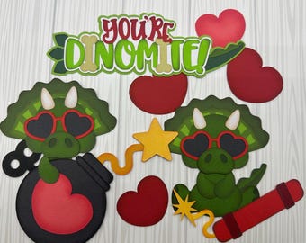Scrapbook Titles & embellishments ”Dinomite” dinosaurs,valentines theme die cut~Pre-made paper piecing,scrapbook layout~Order yours NOW!