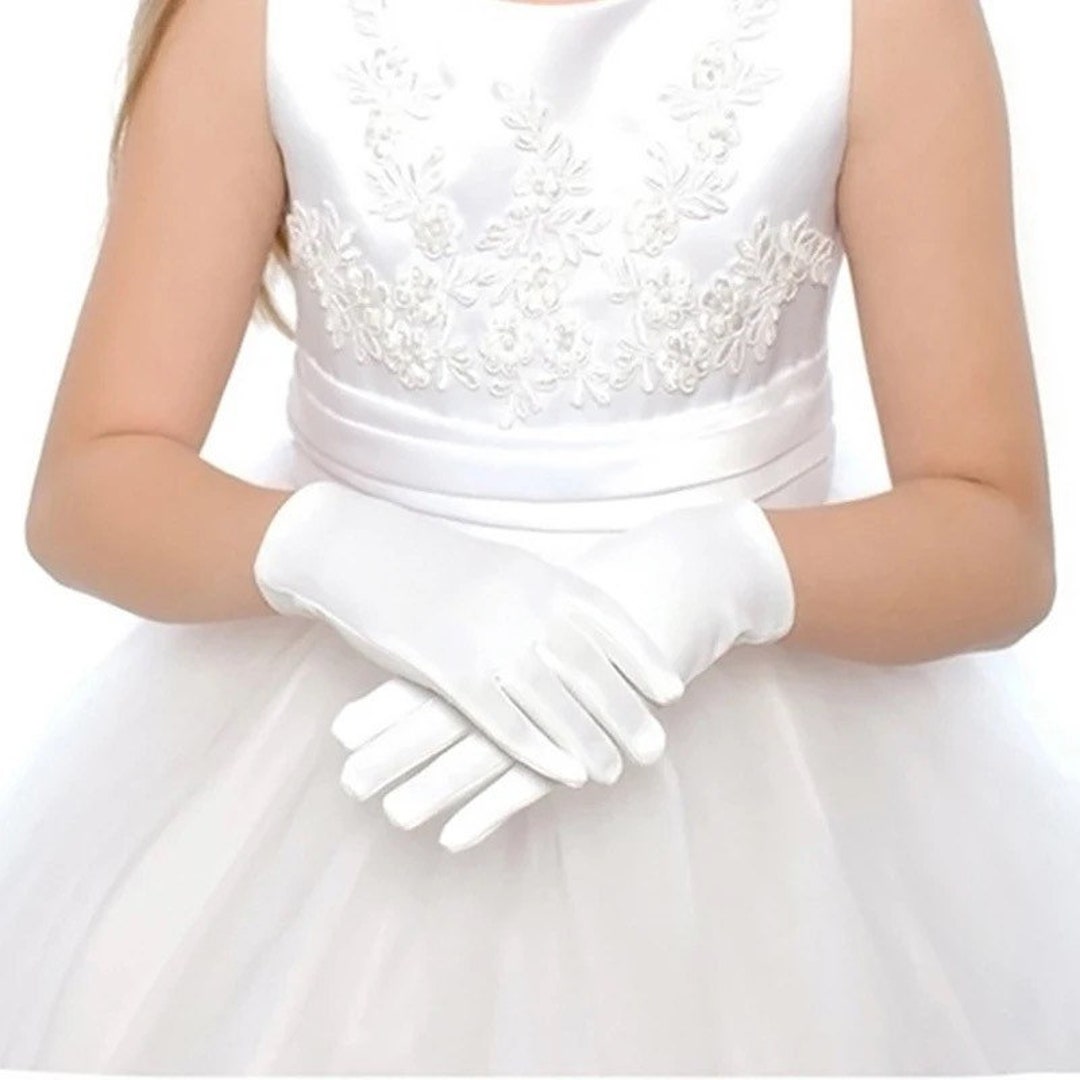 White Satin Gloves, Flower Girl Gloves, Child Gloves, Wedding Gloves