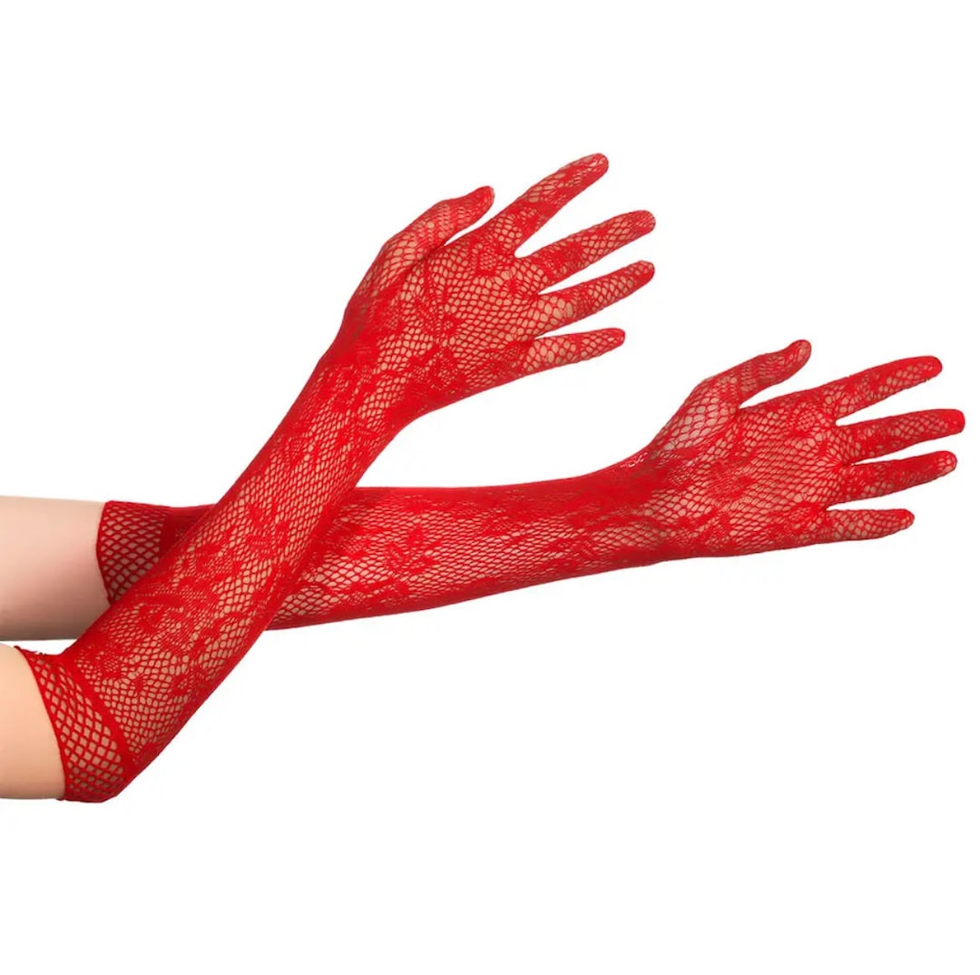 Red Lace Gloves, Red Net Gloves, Red Mesh Long Gloves, Christmas Gloves