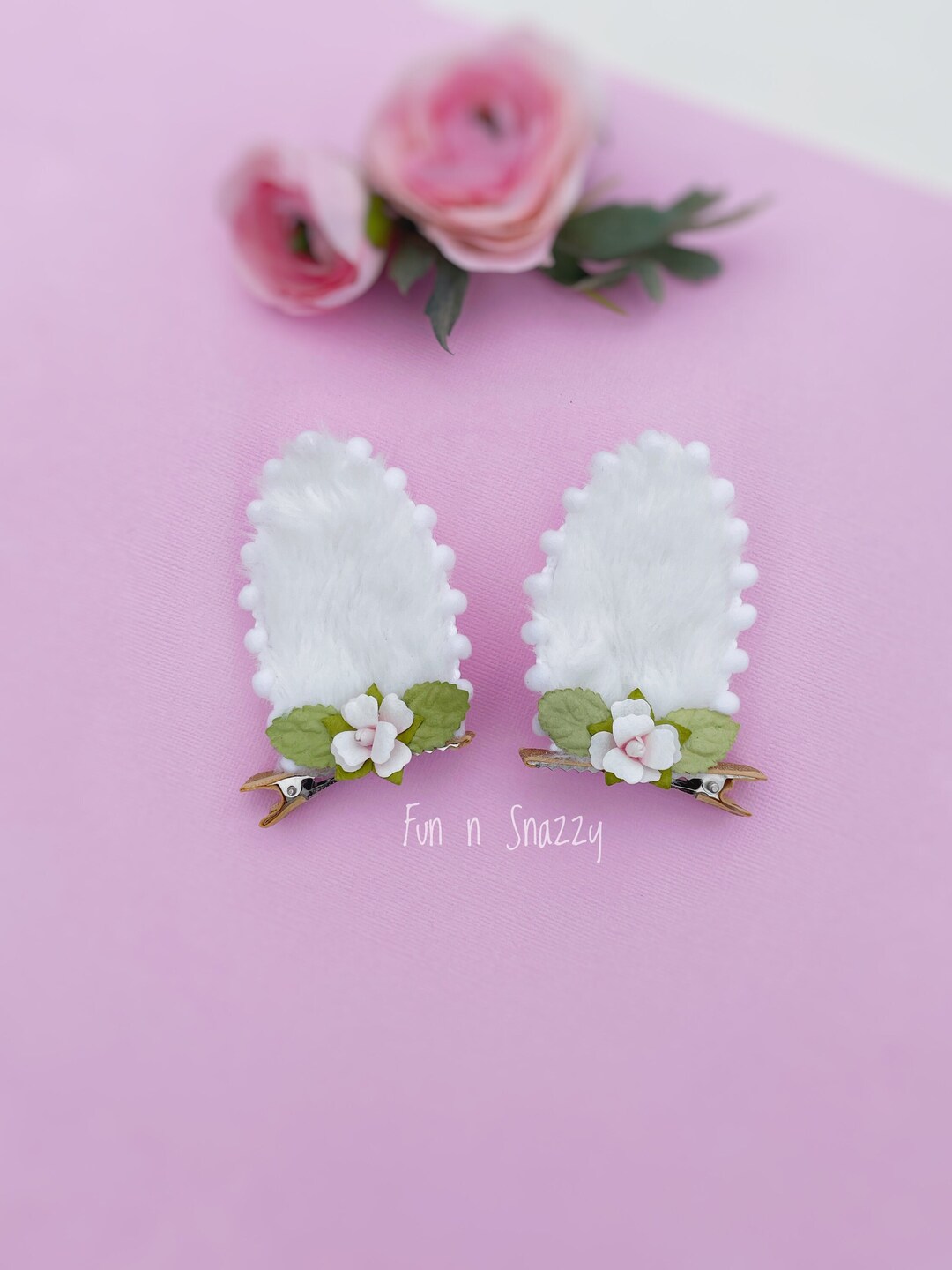 White Bunny Ears With Pink Flowers, Bunny Ears Hair Clips, Furry Bunny