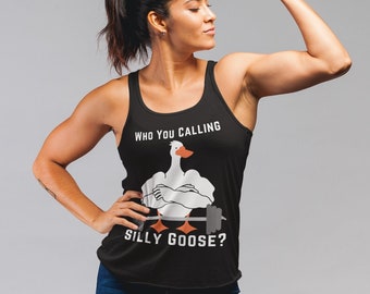 Qui vous appelez Silly Goose Black Jersey Tank/Muscle Shirt pour Buff Ripped Men & Women Gym-rats of Silly Goose University Body Builder Shirt