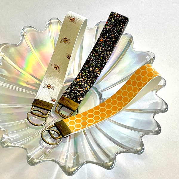 Handmade Wristlet Faux Leather Vinyl Key Chain 3 Patterns Available Bee Hive, Bees, Sparkle