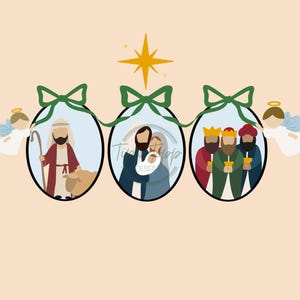 May include: A digital illustration featuring three Christmas ornaments connected by a green ribbon. Each ornament depicts a scene from the Nativity, including angels, a shepherd, the Holy Family, and the Three Wise Men.