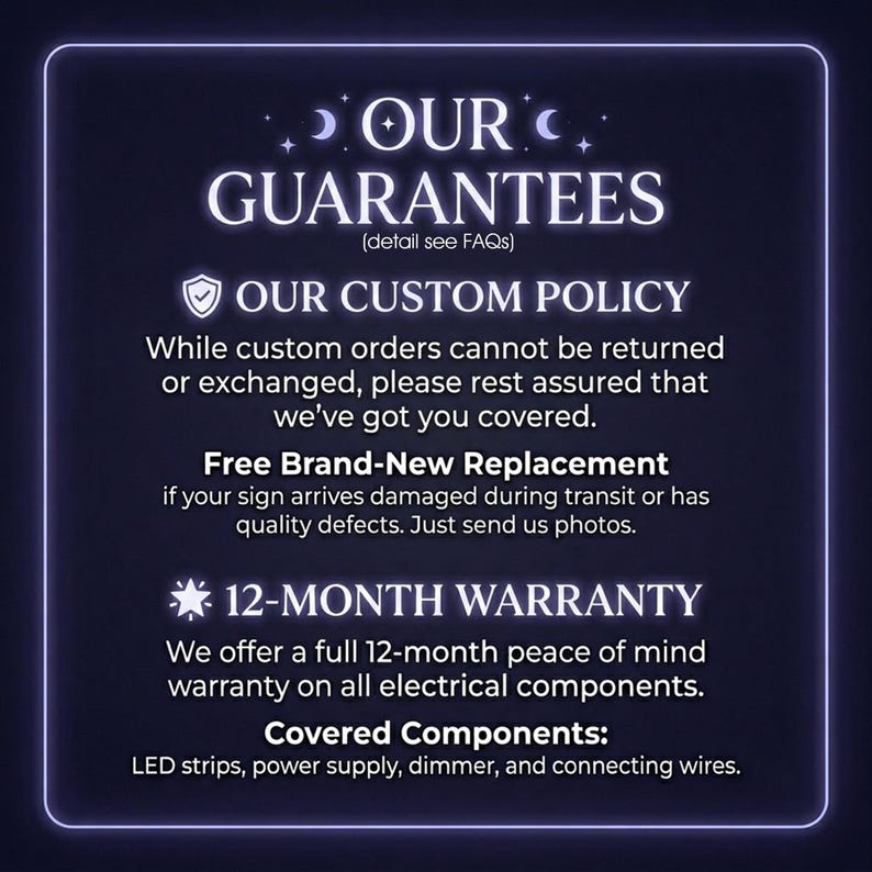 May include: A dark purple informational graphic with white text titled OUR GUARANTEES. It outlines a custom policy stating custom orders are non-returnable, offers a free brand-new replacement for damaged items, and includes a 12-month warranty for electrical components like LED strips, power supply, dimmer, and wires.