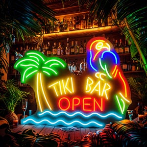 Tiki-Bar geöffnet mit Papagei und Palme Leuchtreklame, benutzerdefinierte Hausbar LED-Schild, mehrfarbiges Bier-Bar-Neonlicht-Schild, Cocktail-Bar-Schild, Strandschild