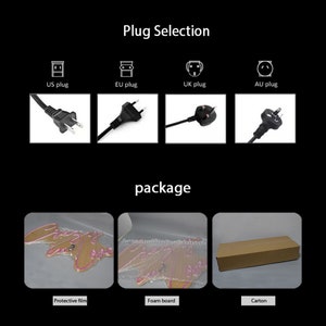 May include: A guide showing four electrical plug types labelled US, EU, UK, and AU. Below, a neon sign with the text Crazy in Love is shown in three stages: covered with a protective film, wrapped in foam board, and inside a brown cardboard carton.