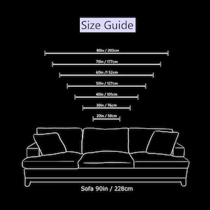 May include: A black and white line drawing size guide for wall art featuring a three-cushion sofa measuring 228 cm wide. Above the sofa, six horizontal arrows indicate widths of 50, 76, 101, 127, 152, 177, and 203 cm for visual comparison.