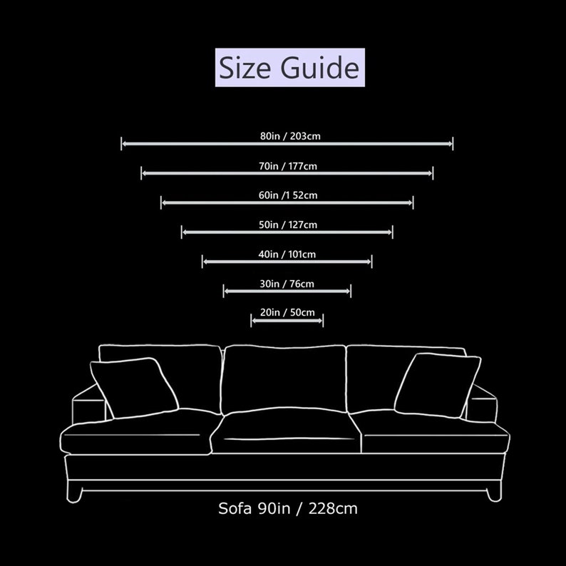 May include: A black and white line drawing size guide for wall art featuring a three-cushion sofa measuring 228 cm wide. Above the sofa, six horizontal arrows indicate widths of 50, 76, 101, 127, 152, 177, and 203 cm for visual comparison.