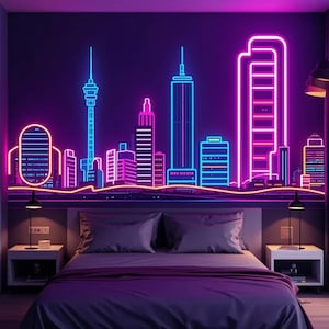 Insegna al neon personalizzata con skyline della città, illuminazione da parete con skyline di New York, insegna al neon con skyline di San Francisco, Regno Unito, Chicago, paesaggio urbano, sfondo con skyline di più città