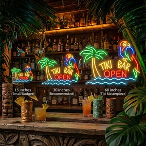 May include: Three neon signs labelled TIKI BAR OPEN featuring a palm tree and a parrot, displayed in 15 inches, 30 inches, and 60 inches sizes. The signs are positioned above a wooden bar counter with tiki-themed mugs and tropical drinks.