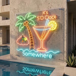 Insegna al neon da Tiki Bar "It's 5 O'Clock Somewhere", con luce LED personalizzata a forma di palma.