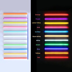 May include: A colour chart featuring eleven horizontal neon light tubes. The left side displays the tubes unlit in various colours, while the right side shows them illuminated with corresponding labels: Orange, Purple, Lemon Yellow, Pink, Ice Blue, Warm White, White, Green, Blue, Yellow, and Red.