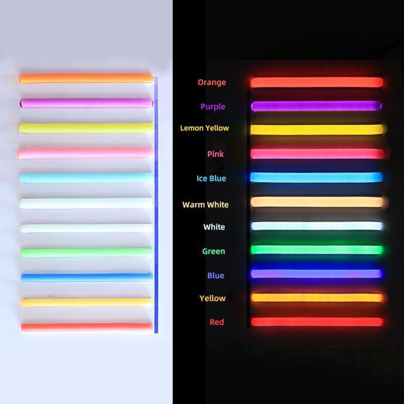 May include: A colour chart featuring eleven horizontal neon light tubes. The left side displays the tubes unlit in various colours, while the right side shows them illuminated with corresponding labels: Orange, Purple, Lemon Yellow, Pink, Ice Blue, Warm White, White, Green, Blue, Yellow, and Red.