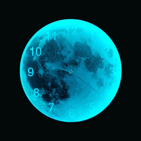 sound control gray moon night light,planetary glowing wall clock,glow in the dark,luminus moon gift,fathers day for kids room space decor