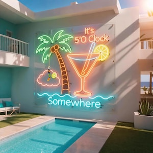 It&#39;s 5 O clock somewhere neon sign,custom home bar led sign,pub bar neon light sign,mancave beer bar sign,palm tree sign,coconut tree sign
