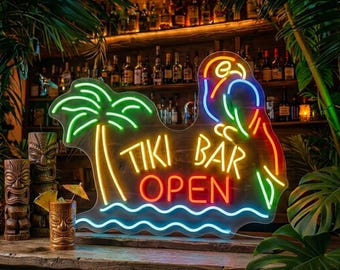 Tiki Bar Open Neon Sign: Parrot & Palm Tree LED Light