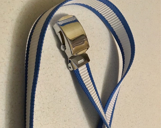 Blue & White Striped BELT w/Silver Metal Auto-Grip Belt Buckle, Women's Belt, Fashion Accessory