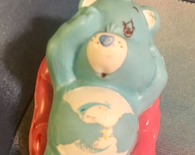 BEDTIME BEAR Care Bear Relaxing on Pink Pillow, Vintage Mini Figure, American Greetings Blue Care Bear w/Moon & Star Tummy Symbol