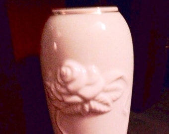 Vintage LENOX Vase w/Embossed Rose Pattern Rimmed in Gold Trim Ivory Cream Color, PERFECT condition!