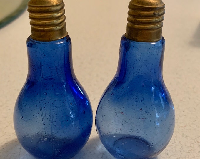 Vintage Pair of Glass LIGHT BULB Shaped Salt and Pepper Shakers w/Brass Tops, BLUE in Color