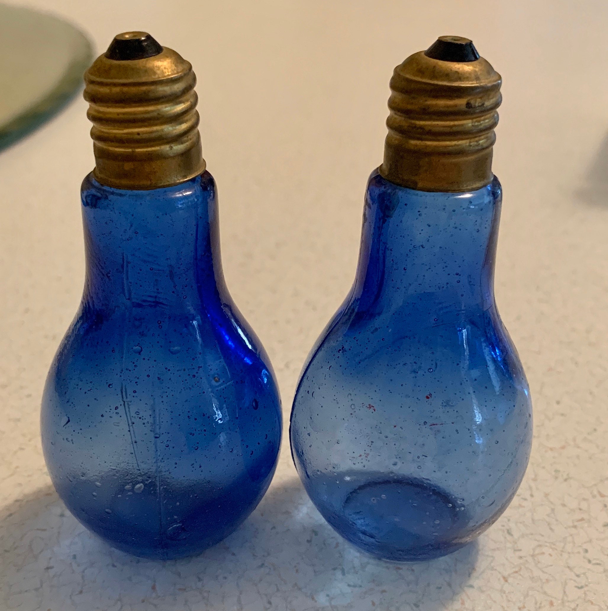 Vintage Blue Turquoise Glass Light Bulb Salt and Pepper Shakers 