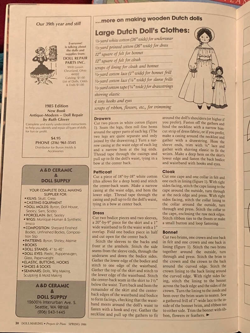 1 Spring 1986 includes Vintage Doll Ads and Pics Free Shipping! Vol 2 No DOLL MAKING Project /& Plans Magazine