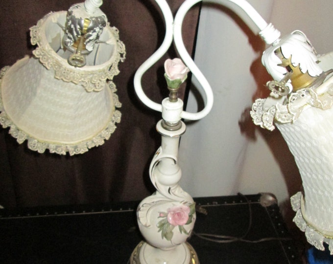Porcelain & Brass Lamp w/Skeleton Key, Pink Roses, Frilly Lace Lamp Shades. Victorian Style Lamp, VINTAGE Two Armed Lamp
