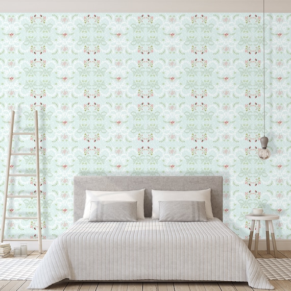 french style wallpaper, mint green removable wallpaper, bedroom wall decor,  ethnic boho wallpaper, peel and stick wallpaper, french decor