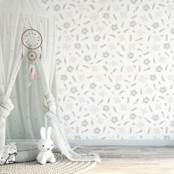 Boho Wallpaper Wall Decor Feather Baby Girl Decals White Nursery Murals Self Adhesive Removable