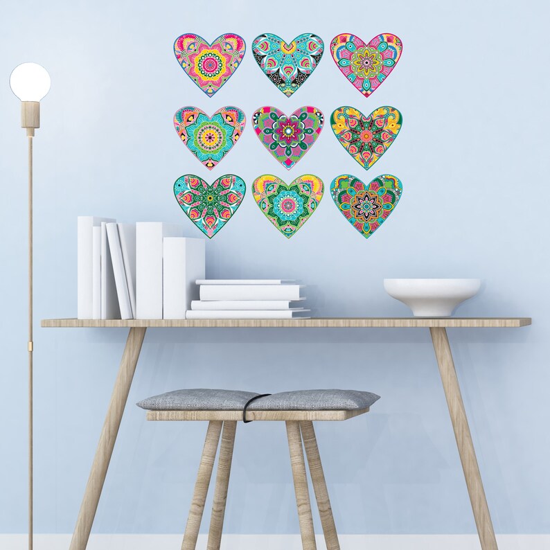 Set of 9 Heart Large Wall Decals Colorful Mandala Heart Etsy